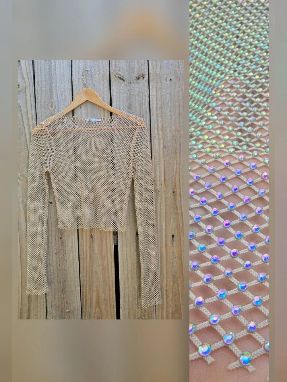 ZARA Iridescent Rhinestone Shimmer Mesh Long Sleeve Crop Top - Size M
